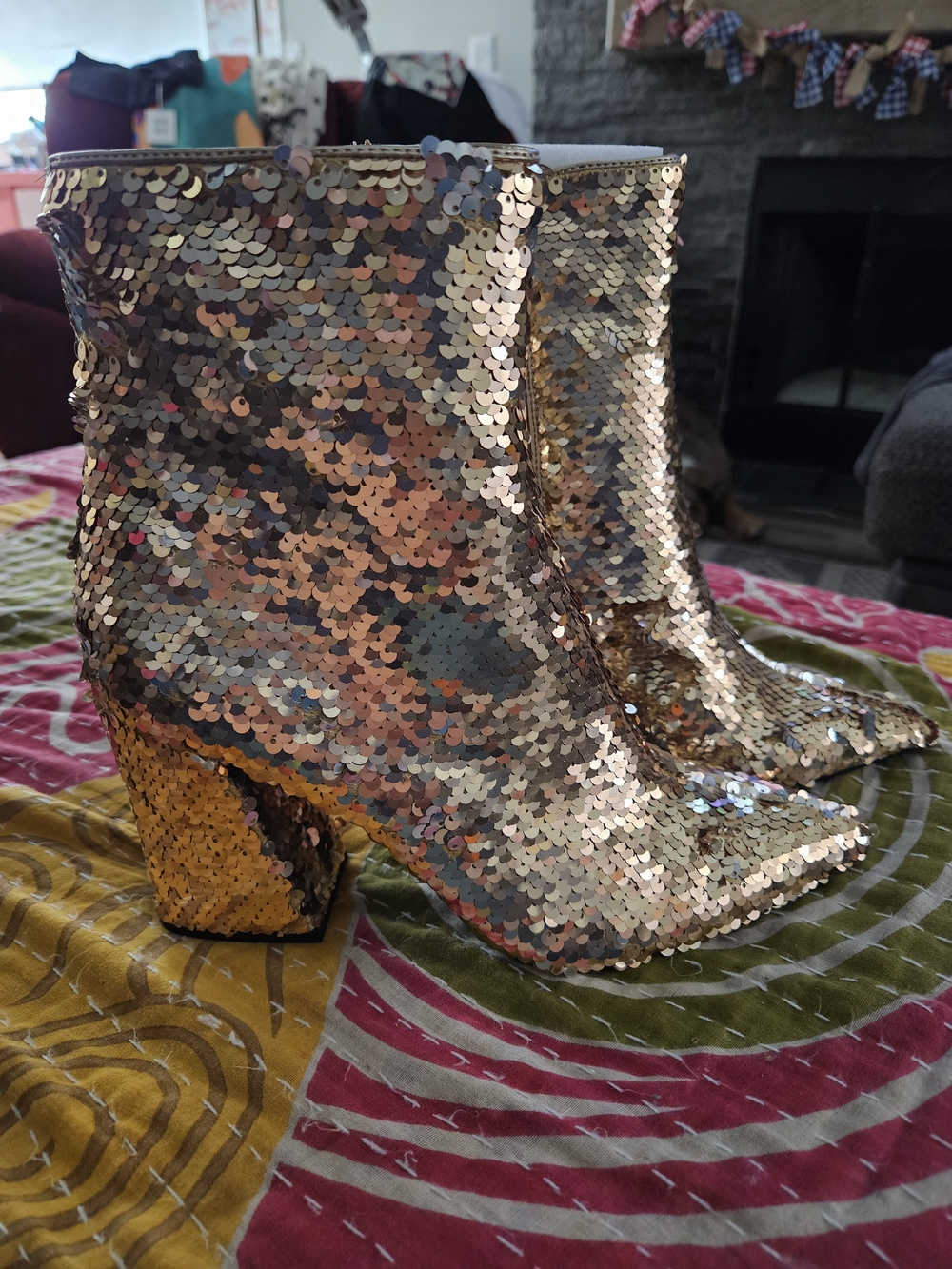 Sequin Block Heel Ankle Boots - Gold/Silver